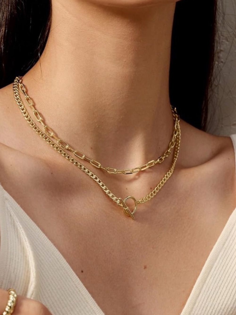 Trendy 14K Gold Plated Layered Cuban Link Paperclip Chain Necklace